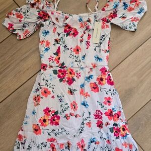 Floral Off The Shoulder Womens Dress with Pink and Blue Accents